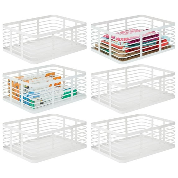 mDesign Large Steel Metal Kitchen Organizer Basket with Handles, 6 Pack, White