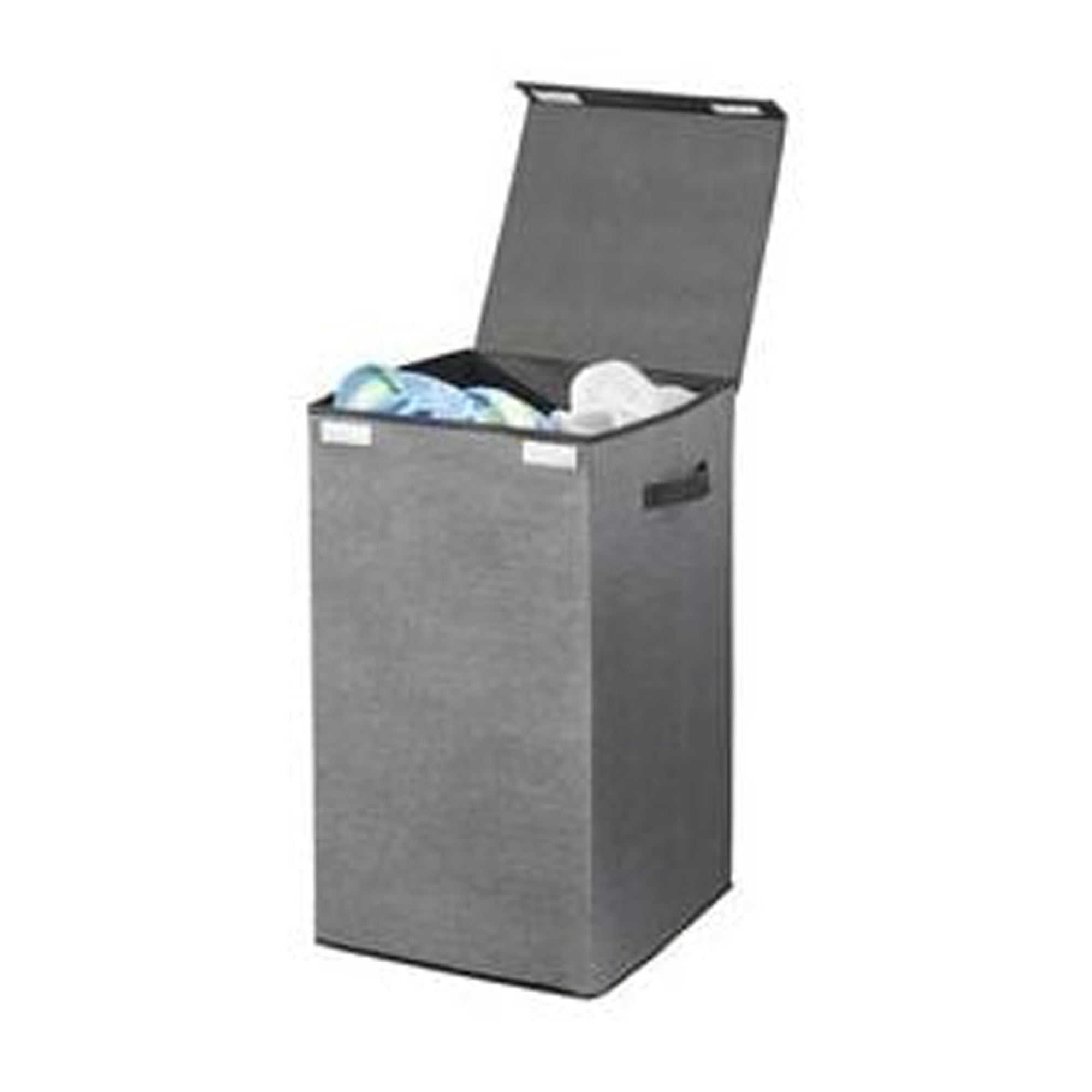 mDesign Large Laundry Hamper Basket with Hinged Lid and Attached Handles - Portable and Foldable for Compact Storage - Single Hamper Design, Textured Print with Solid Trim - Charcoal/Black