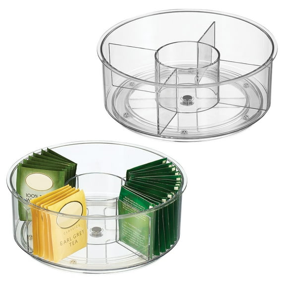 mDesign Lazy Susan Divided Turntable Tea Spinner for Kitchen - 2 Pack, Clear