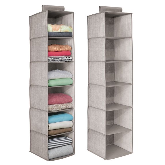 mDesign Long Fabric Over Closet Rod Hanging Organizer, 6 Shelves, 2 Pack - Linen