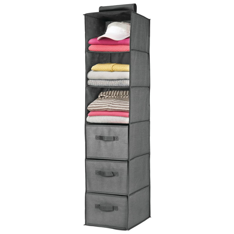 mDesign Long Fabric Over Closet Rod Hanging Organizer, 6 Shelves - Charcoal Gray