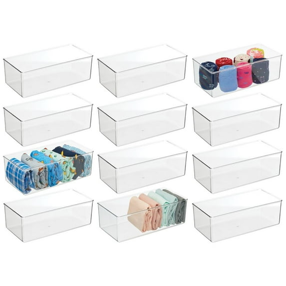 mDesign Long Plastic Drawer Organizer Container Bin for Closet, 12 Pack, Clear