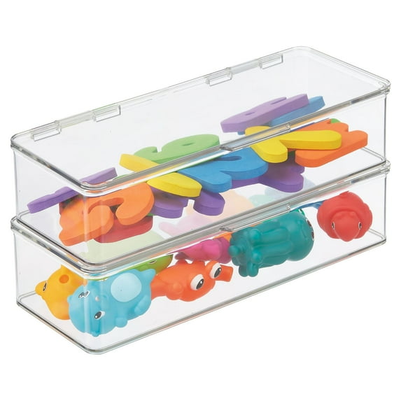 mDesign Long Plastic Playroom/Game Storage Box with Hinged Lid, 2 Pack, Clear
