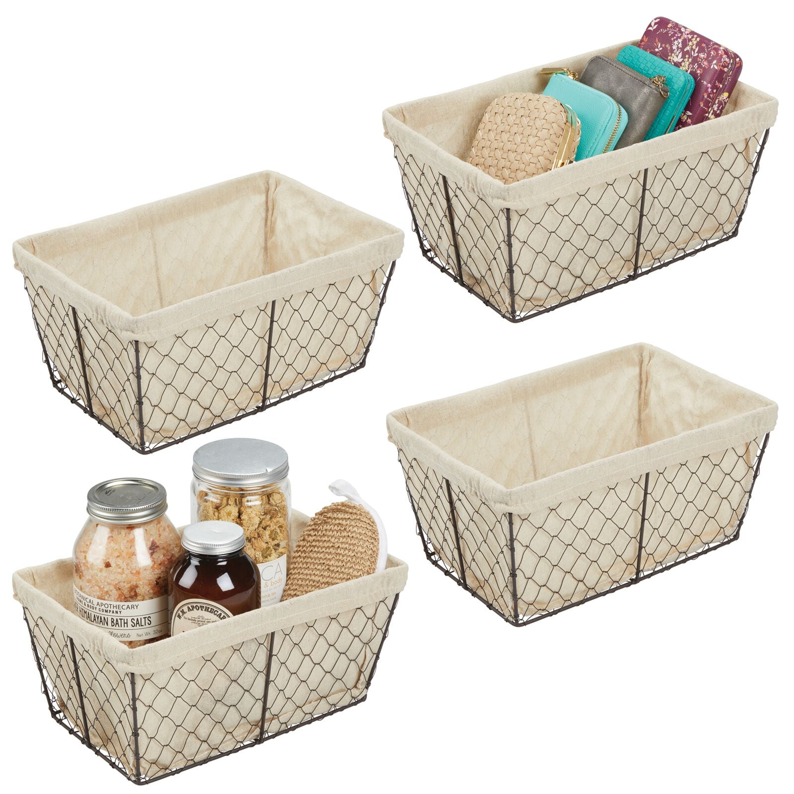 mDesign Medium Chicken Wire Storage Basket, Fabric Liner, 4 Pack