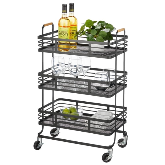 mDesign Metal 3-Tier Rolling Storage Shelf Cart with Wheels, Matte Black/Natural