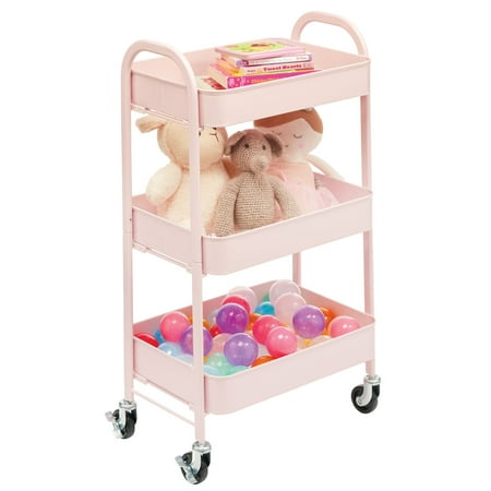 mDesign Metal 3-Tier Rolling Utility Storage Carts, 4 Caster Wheels, Light Pink
