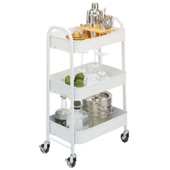mDesign Metal 3-Tier Rolling Utility Storage Carts, 4 Caster Wheels, Matte White