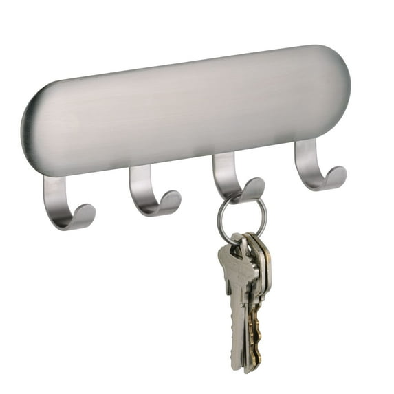 mDesign Metal Adhesive Wall Mount Key Rack Holder Organizer, 4 Hooks - Brushed