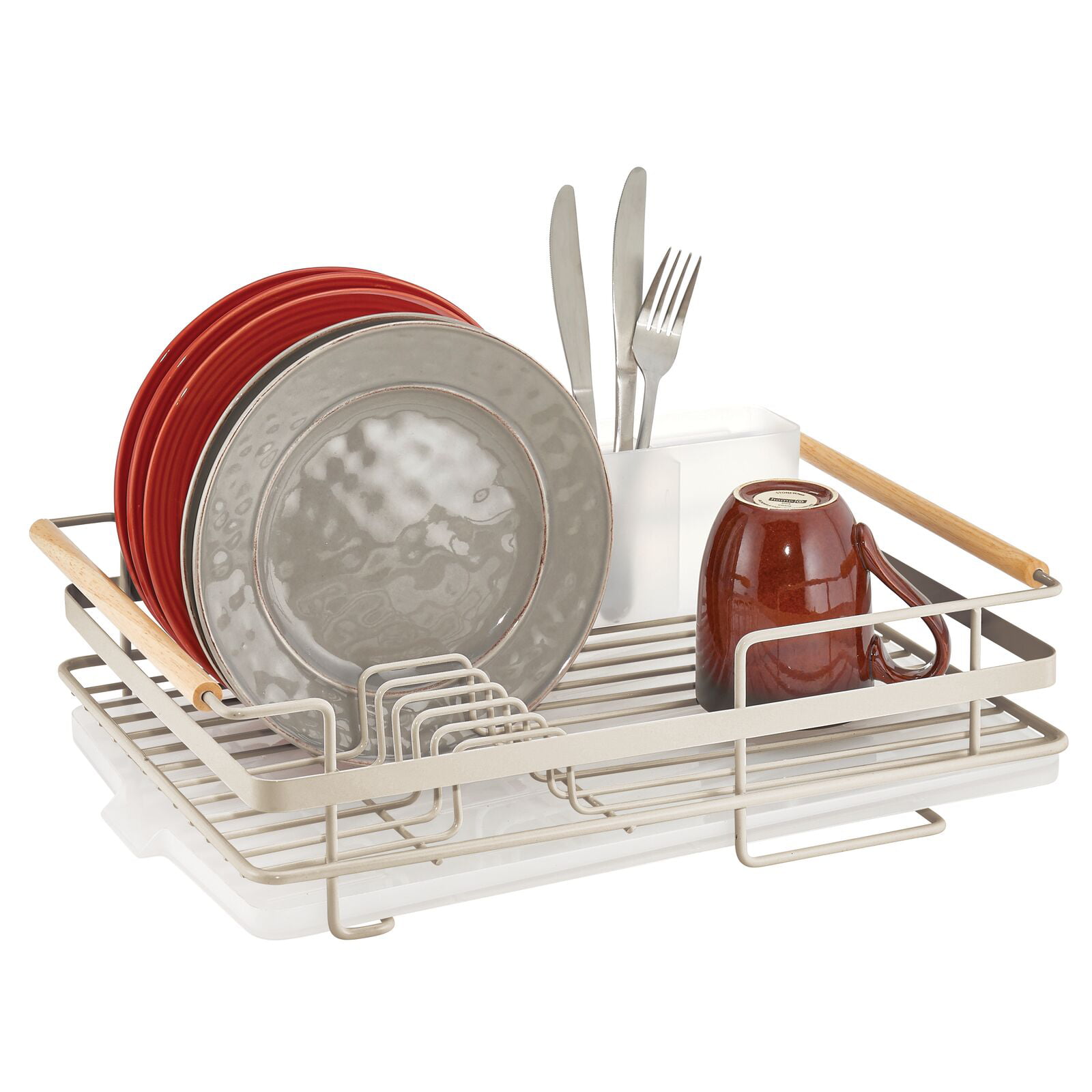 mDesign Metal Drainboard - Plastic Cutlery Tray/Wood Handles, Matte Satin/Frost  