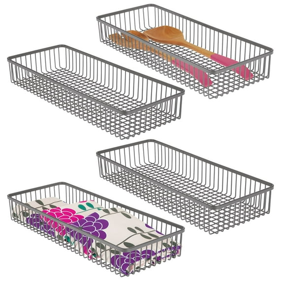 mDesign Metal Farmhouse Kitchen Cabinet Drawer Storage Basket, 4 Pack, Dark Gray