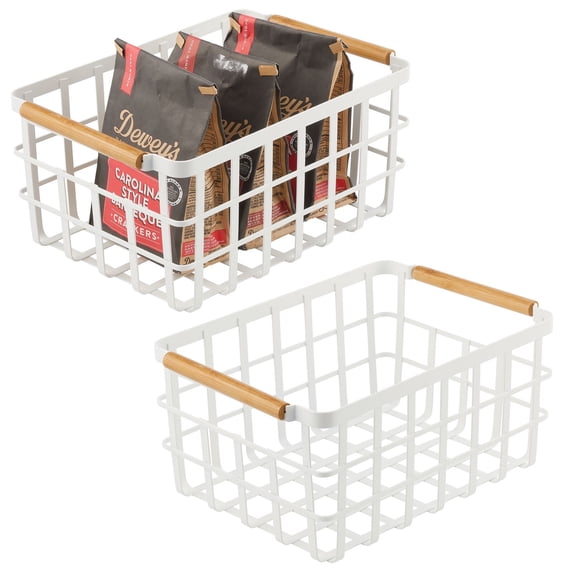 mDesign Metal Food Organizer Storage Basket - 2 Pack - Matte White/Natural