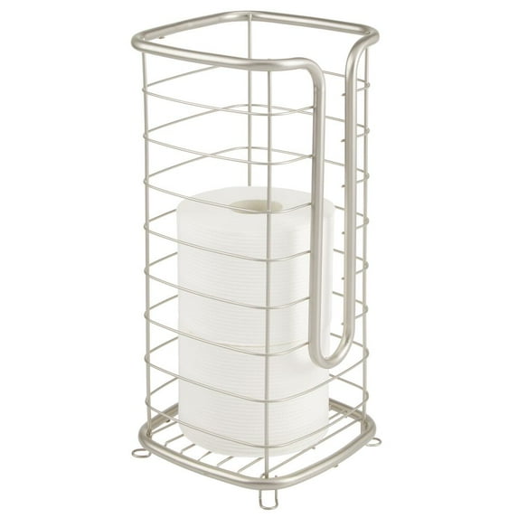mDesign Metal Free Standing Toilet Paper Stand, Holds 3 Rolls - Satin