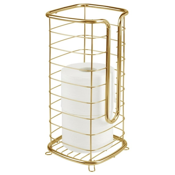 mDesign Metal Free Standing Toilet Paper Stand, Holds 3 Rolls - Soft Brass