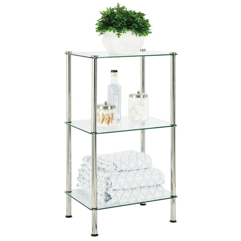 mDesign Metal/Glass 3-Tier Storage Tower with Open Glass Shelves - Chrome/ Clear 