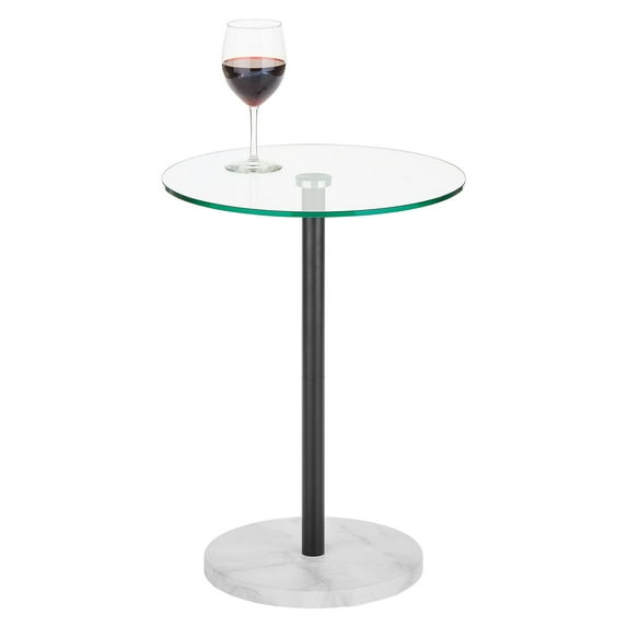 mDesign Metal/Glass Round Accent Side/End Drink Table, Black/White Marble Print