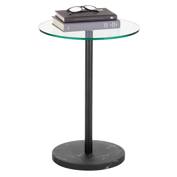 mDesign Metal/Glass Round Accent Side/End Drink Table, Clear/Black Marble Print