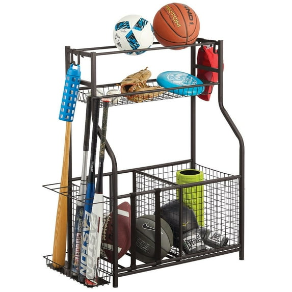 mDesign Metal Heavy Duty Garage Sports Storage Rack with Top Shelf - Bronze