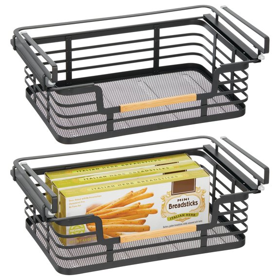 mDesign Metal Kitchen Wide Under Shelf Basket, 2 Pack, Matte Black/Natural