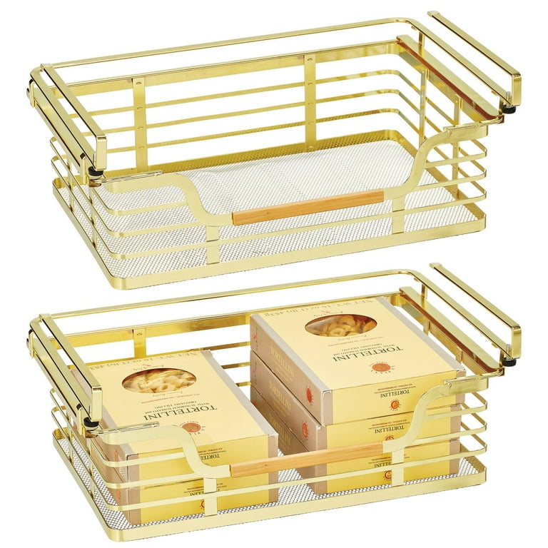 mDesign Metal Kitchen Under Shelf Storage Baskets - 2 Pack - Soft Brass/Natural