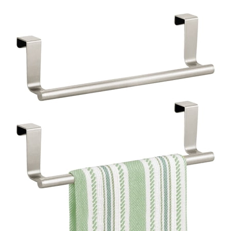 mDesign Metal Over the Door Towel Holder for Kitchen Cabinet - 2 Pack - Satin