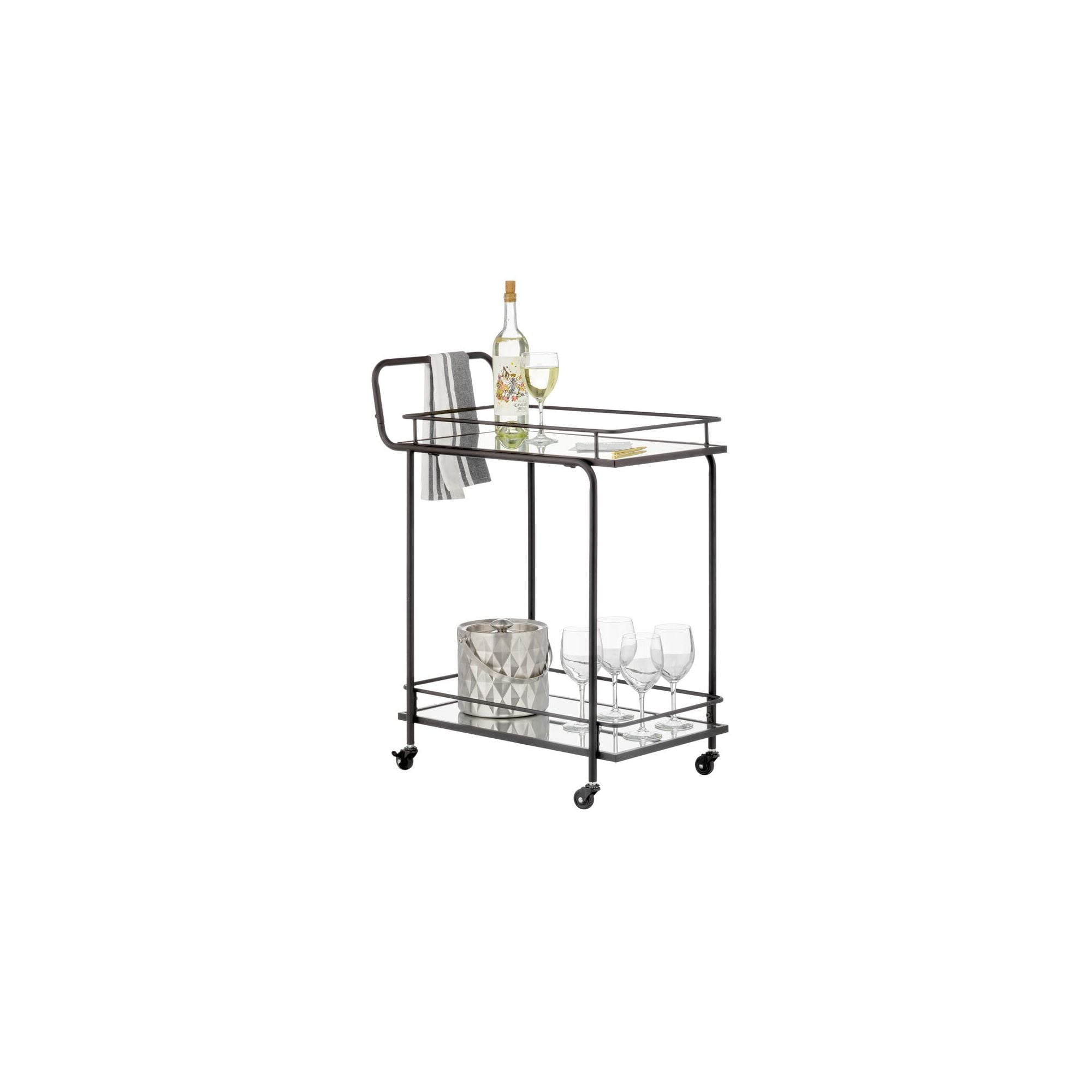 Elegant Black Metal Rectangular Bar Cart with Glass Shelves and Wine Rack