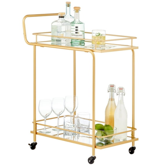 mDesign Metal Rectangle Rolling Food and Beverage Bar Cart with Glass Shelves, Soft Brass