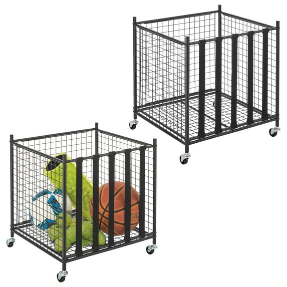 mDesign Metal Rolling Sports Equipment Storage Holder Rack - 2 Pack - Black