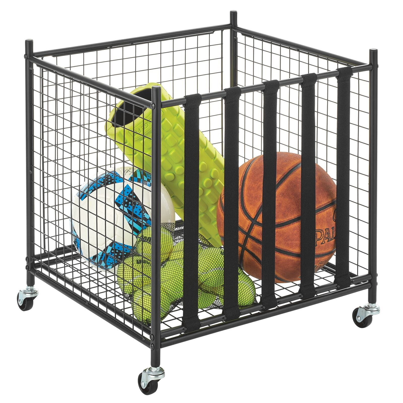 mDesign Metal Rolling Sports Equipment Storage Holder Rack with 4