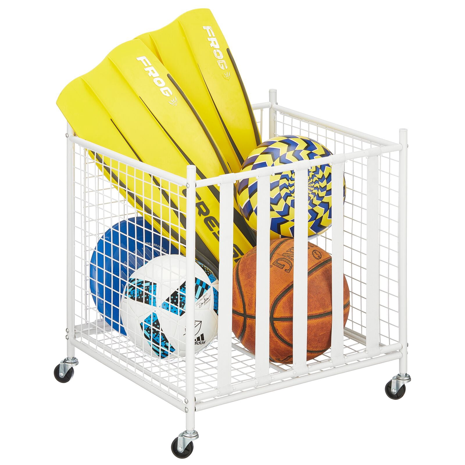 mDesign Metal Rolling Sports Equipment Storage Holder Rack with 4