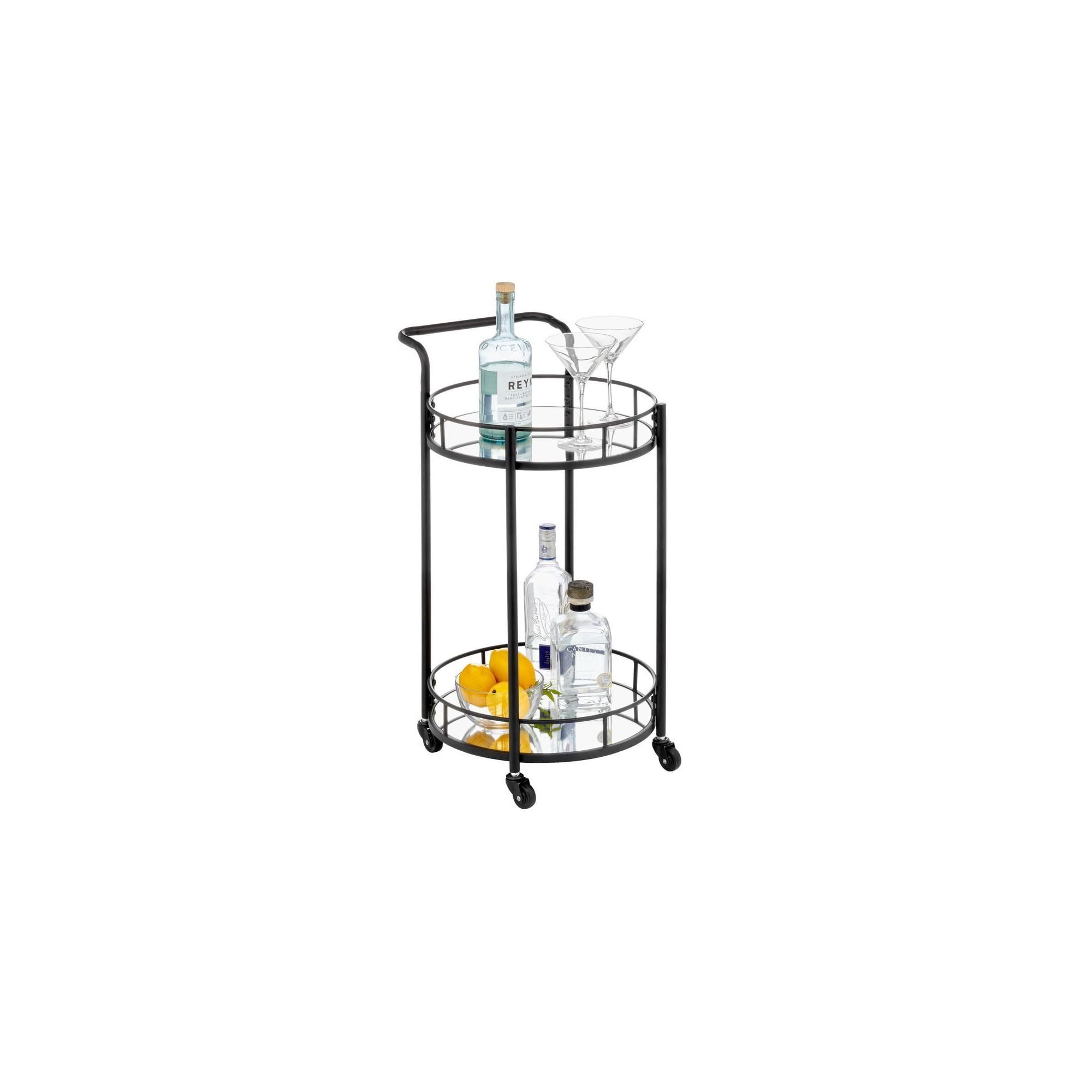 Black Round Metal Rolling Bar Cart with Glass Shelves