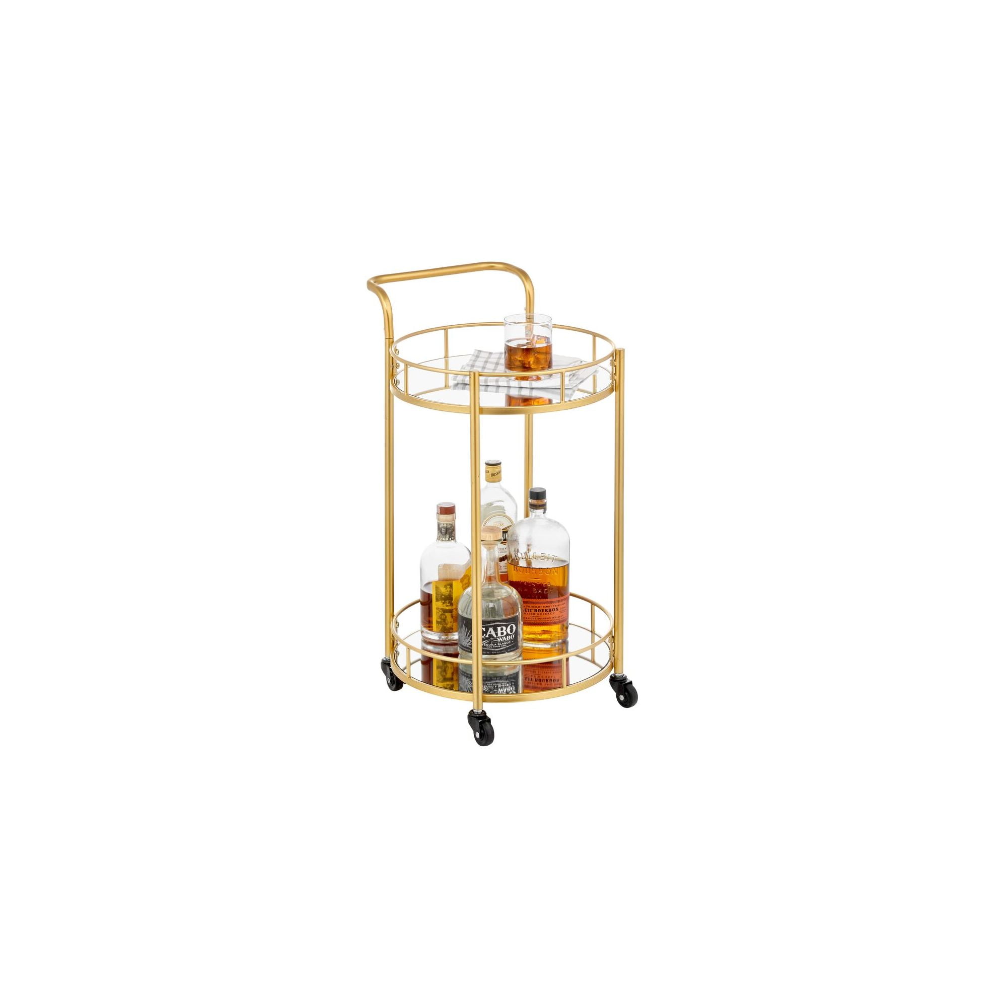 Soft Brass Round Metal Bar Cart with Glass Shelves