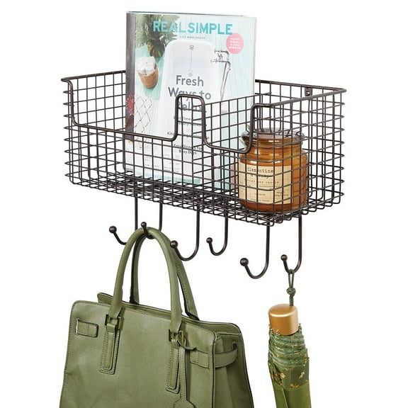 mDesign Metal Storage Organizer Basket with 6 Hooks - Wall Mount - Bronze
