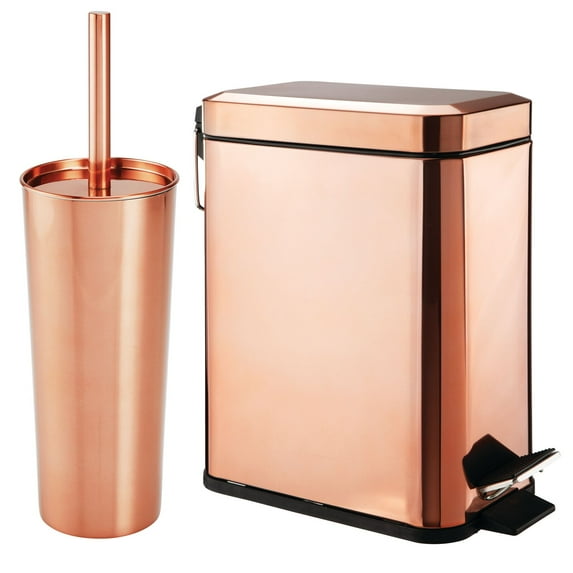 mDesign Metal Toilet Bowl Brush and Holder + Wastebasket - Set of 2, Rose Gold