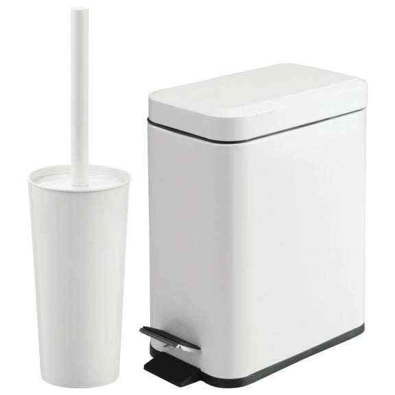 mDesign Metal Toilet Bowl Brush and Holder + Wastebasket - Set of 2, White