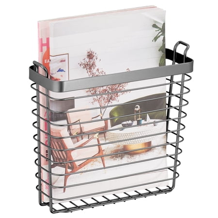 mDesign Metal Wall Mount Magazine Holder, Storage Organizer Rack - Graphite Gray