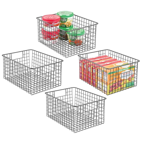 mDesign Metal Wire Food Organizer Basket, Built-In Handles, 4 Pack, Dark Gray