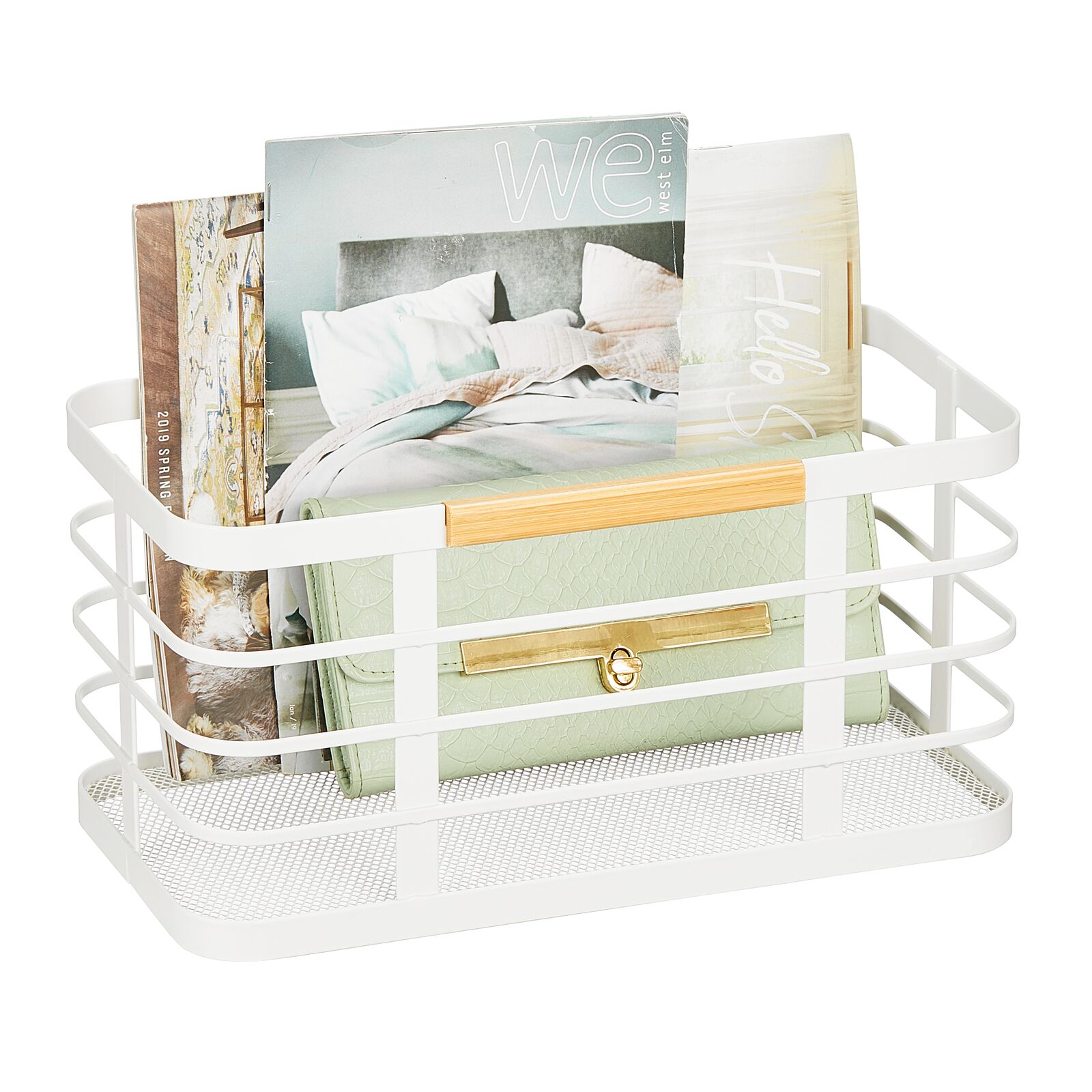 mDesign Metal Wire Wall Mount Kitchen Storage Bin Basket, Matte White/Natural