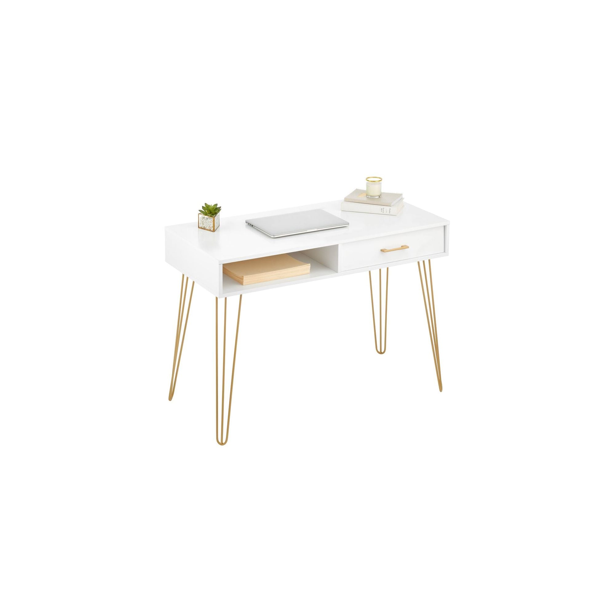 White and Gold Hairpin Leg Desk with Drawer