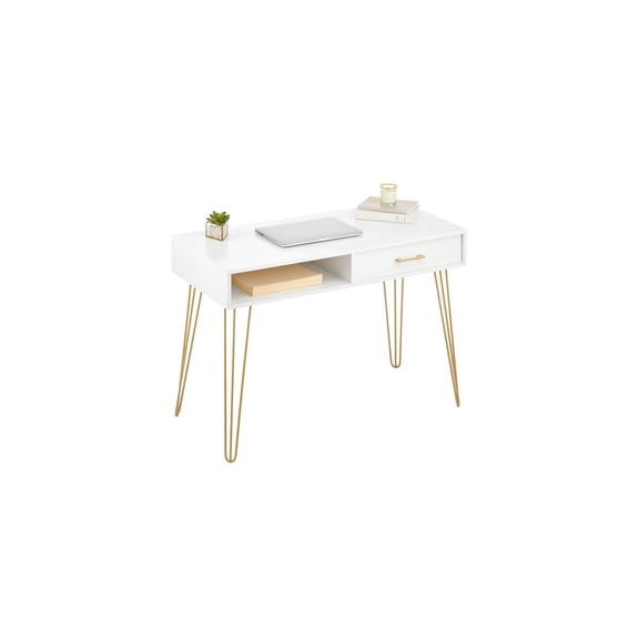 mDesign Metal/Wood Modern Computer Desk - Minimalist Desk and Computer Table with Drawer - Simple Desk with Storage Cubby and Hairpin Legs - Small Work Desk for Home Office, Study - White/Soft Brass