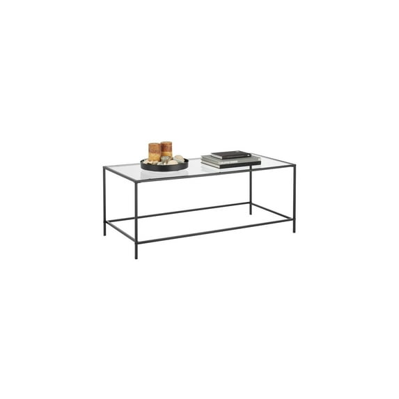 mDesign Glass Top Coffee Table - Large Minimalistic Rectangular Geometric Metal Accent Furniture Unit for Living Room, Basement, Home Office, Garage, and Bedroom - Black Black Coffee Table