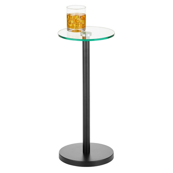 mDesign Metal and Glass Top Round Accent Side/End Drink Table, Clear/Matte Black