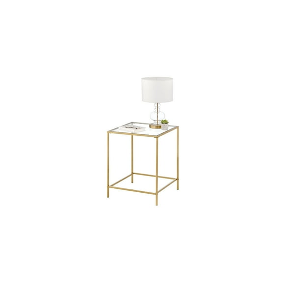 mDesign Glass Top Side/End Table - Small Minimalistic Square Geometric Accent Metal Nightstand Furniture for Living Room, Dorm, Home Office, and Bedroom - Soft Brass
