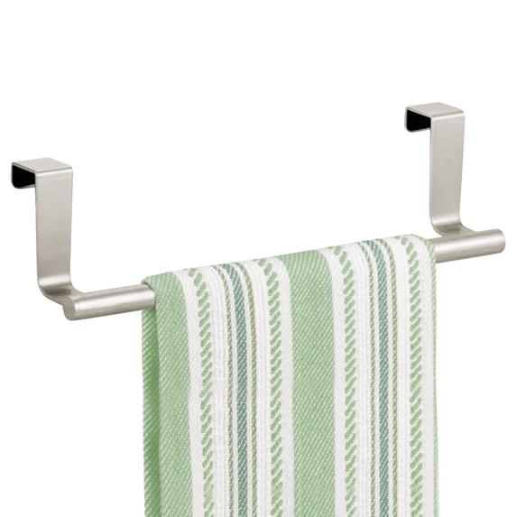 mDesign Modern Metal Over Door Rack and Towel Holder for Kitchen Cabinet, Satin