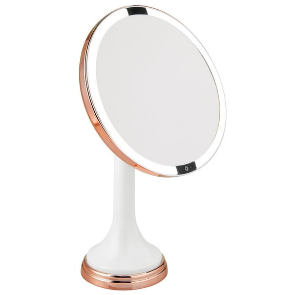 mDesign Modern Motion Sensor LED Lighted Makeup Bathroom Vanity Mirror, Large 8" Round, 3X Magnification, Hands-Free, Rechargeable and Cordless - White/Rose Gold