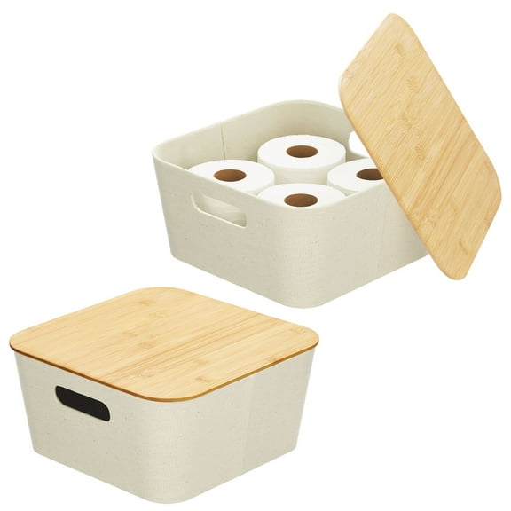 mDesign Modern Stackable Fabric Covered Bin with Bamboo Lid, 2 Pack, Cream/Beige