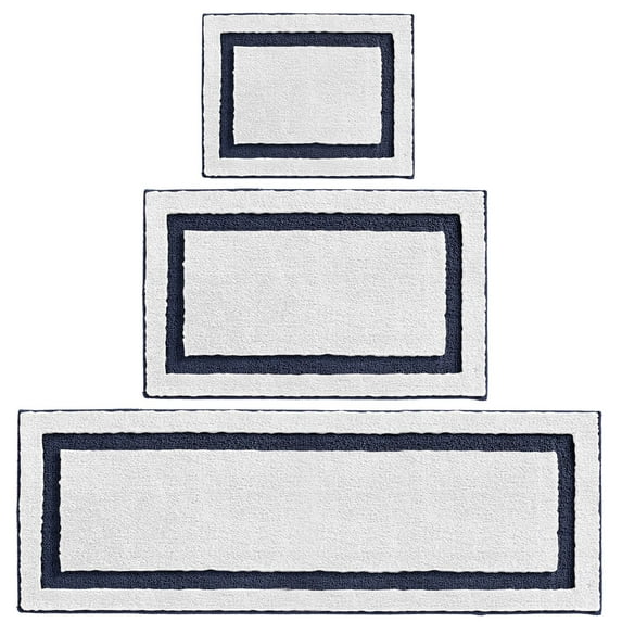 mDesign Non-Slip Microfiber Polyester Spa Mat/Rugs, Set of 3, White/Navy Blue
