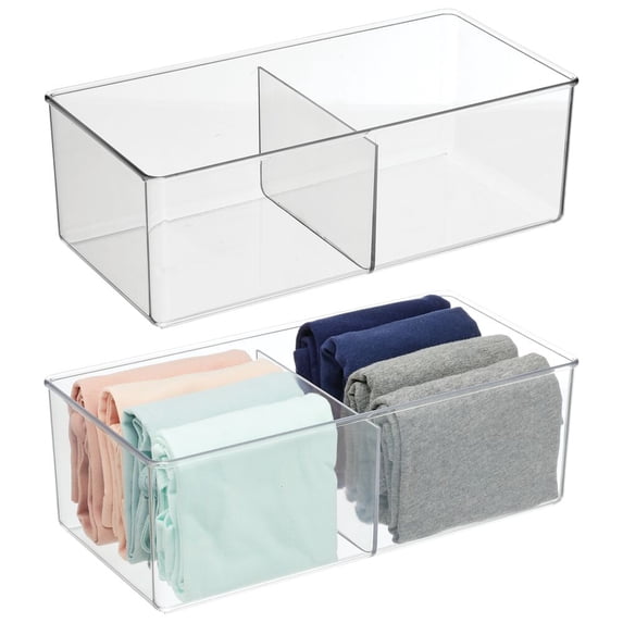 mDesign Plastic 2 Section Divided Closet Storage Bin, 2 Pack - Clear