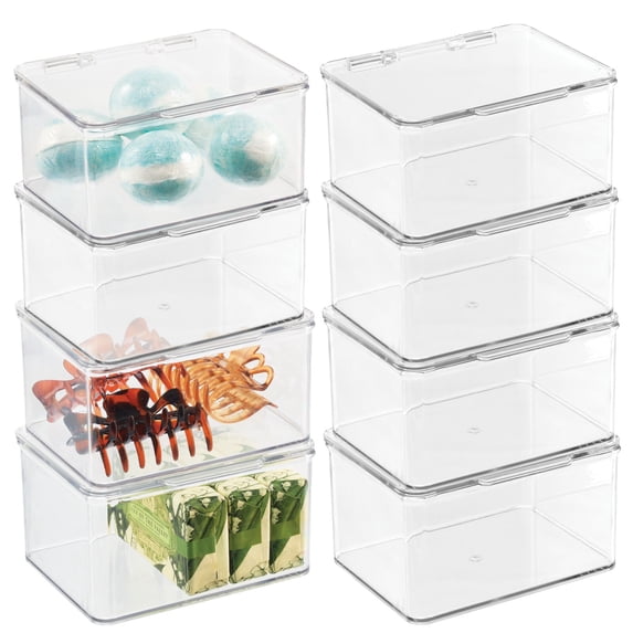 mDesign Plastic Bathroom Stackable Organizer Bin Box, Hinged Lid, 8 Pack, Clear