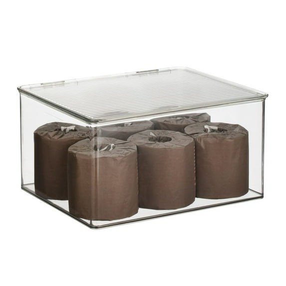 mDesign Plastic Bathroom Stackable Organizer Storage Box with Hinged Lid, Clear