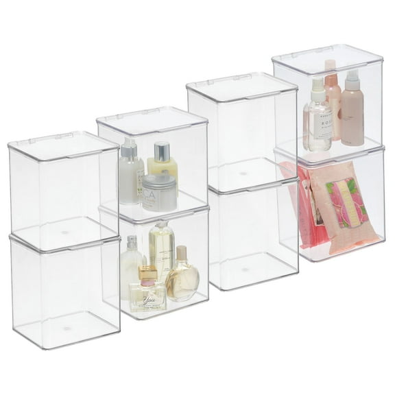 mDesign Plastic Bathroom Stacking Organizer Box with Hinged Lid, 8 Pack, Clear